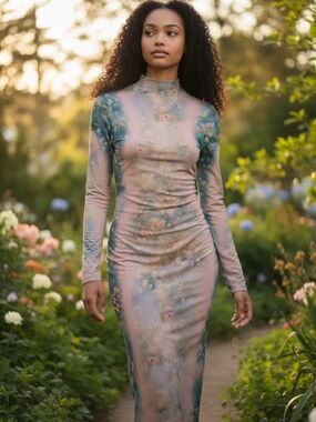 AFRM Mesh Turtleneck Maxi Dress Floral Print Bodycon Sheer Long Sleeve XS
